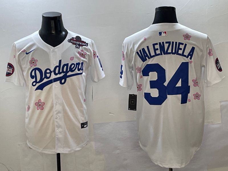 Men Los Angeles Dodgers #34 Valenzuela White Sakura Edition 2025 Nike MLB Jersey style 6